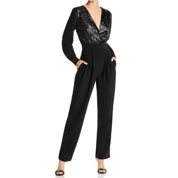 LINI Jumpsuit Black Stella Sequined Long-Sleeve V-Neck Party Size XS - Picture 1 of 6
